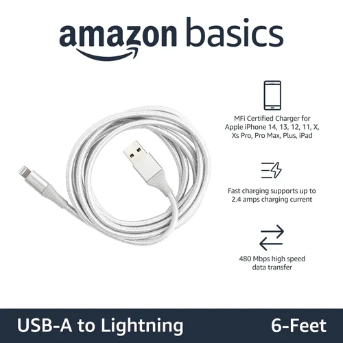 Miniatura 2 de Amazon Basics - Cable Lightning de nailon trenzado doble a USB, colección avanzada, cargador para iPhone certificado MFi Plateado
