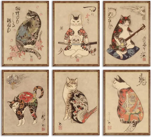 6 piezas de arte de pared de gato samurái japonés de carteles de decoración de bushido de Japón, pinturas de Kung Fu tatuajes divertidos de fantasía
