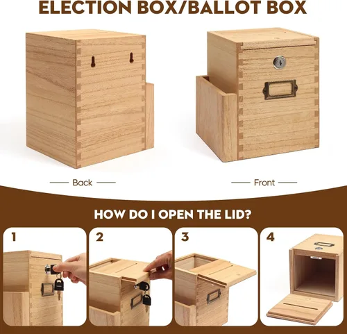 Miniatura 5 de KIRIGEN Caja de sugerencias de madera con cerradura y 2 llaves, urna montada en la pared o encimera con bolsillo lateral para formularios, caja