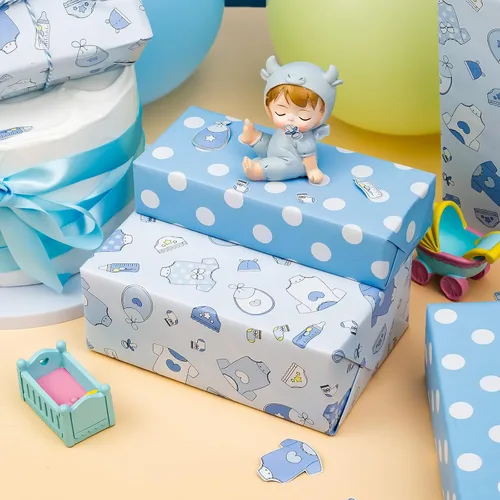 Miniatura 5 de MAYPLUSS Rollo de Papel de Regalo para Recién Nacido - 17 Pulgadas x 4.76 Metros - Lindo Diseño de Snapsuit y Botellas de Bebé Azul para Niño