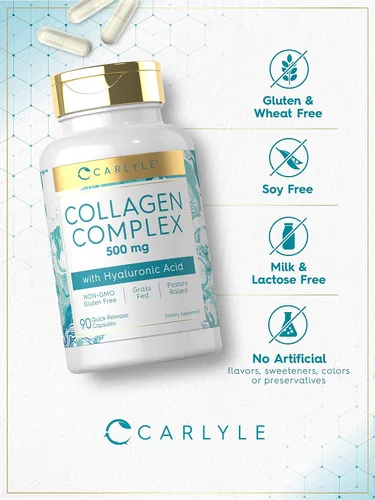 Miniatura 4 de Carlyle Pastillas de colágeno con ácido hialurónico 500 mg 90 cápsulas Colágeno hidrolizado tipo 1 y 3 Suplemento sin OMG, sin gluten