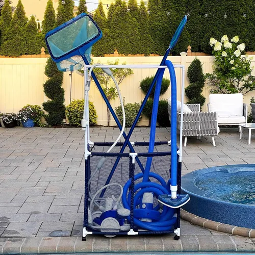 Miniatura 8 de Soporte para equipo de piscina con barras de secado de toallas, organizador de almacenamiento multiusos con ruedas de malla, colgador de toallas