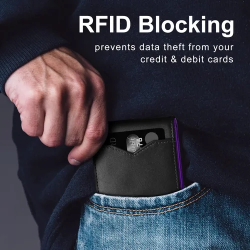 Miniatura 4 de GSOIAX Billetera delgada para hombre, minimalista, de piel auténtica, fibra de carbono, bloqueo Rfid, doble tarjetero con caja de regalo, Negro