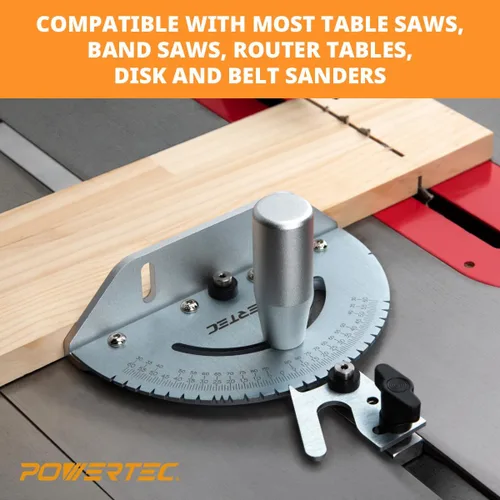 Miniatura 6 de POWERTEC Calibrador de inglete universal para sierra de mesa y barra de inglete de aluminio, 27 paradas de ángulo, funciona con sierras de mesa