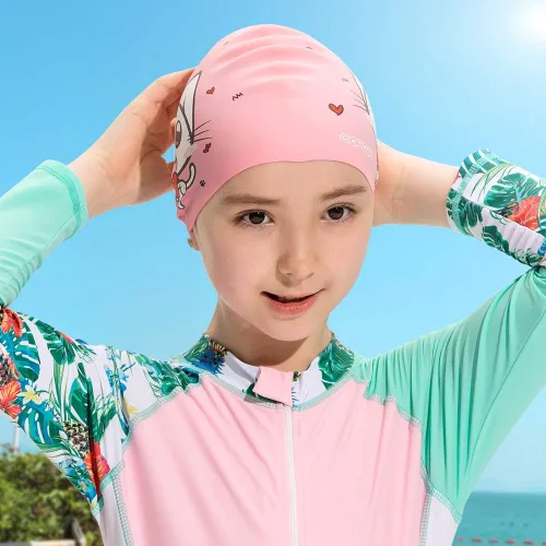 Miniatura 7 de COPOZZ Gorros de natación para niños, de silicona, impermeable, cómodo, gorro de natación para cabello largo y corto Gatito rosa-5-12 años