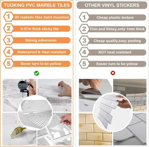 Miniatura 7 de TUOKING Azulejos de metro de mármol de 4 piezas para despegar y pegar, de 4 x 8 pulgadas, compuesto de piedra blanca, impermeable, azulejos de pared