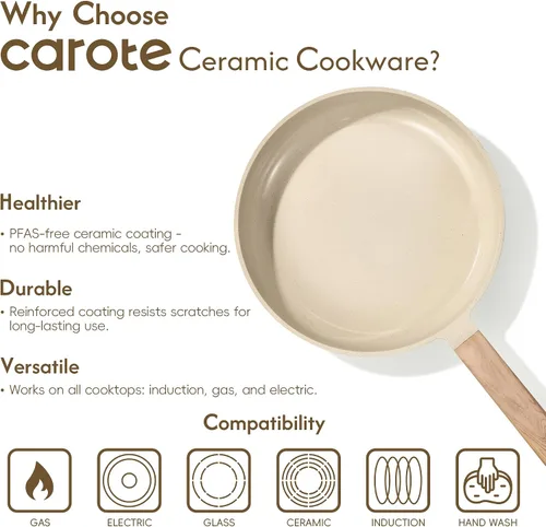 Miniatura 9 de CAROTE - Juego de 14 piezas de ollas y sartenes antiadherentes, juego de utensilios de cocina de cerámica, juego de cocina de cocina no tóxico