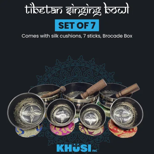 Miniatura 2 de KHUSI - Juego de 7 cuencos tibetanos, Thadobati, hechos a mano, con mantra grabado para yoga, curación de chakras, relajación, alivio del estrés