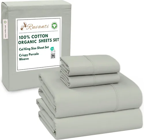 Miniatura 128 de RUVANTI Juego de sábanas de algodón orgánico 100% tamaño completo, tejido de percal, certificado GOTS, juego de 4 piezas, bolsillo profundo de 15