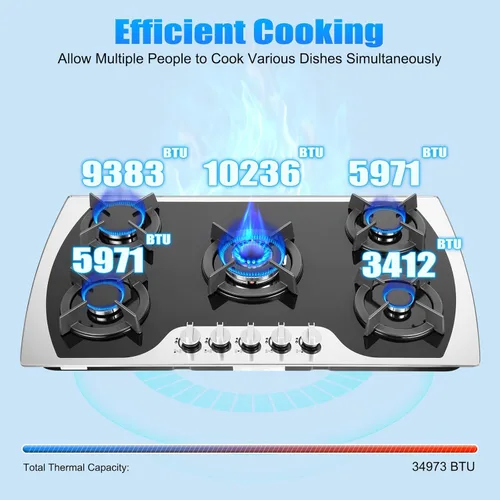 Miniatura 2 de Estufa de gas de 5 quemadores de 36 pulgadas, estufa de gas integrada, cinco quemadores sellados, estufa de gas de propano GN/LPG, cocina