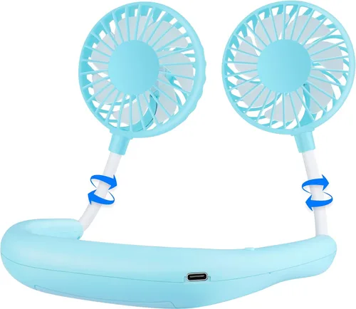 Ventilador portátil para el cuello de mano libre, USB, cuelga del cuello, rotación libre de 360 grados, ventilador de refrigeración personal de Azul