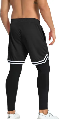 Miniatura 5 de SILKWORLD Pantalones de correr 2 en 1 para hombre, pantalones deportivos de compresión, leggings de entrenamiento con bolsillos con cremallera