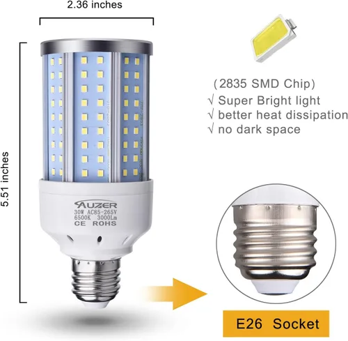 Miniatura 2 de Bombilla LED de maíz de 30 W (equivalente a 200 W), luz diurna, base estándar E26, paquete de 2