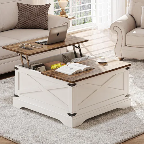 Miniatura 6 de BROTTAR - Mesa de centro con superficie elevable y almacenamiento, mesa cuadrada para sala de estar con puertos de carga, mesa de comedor