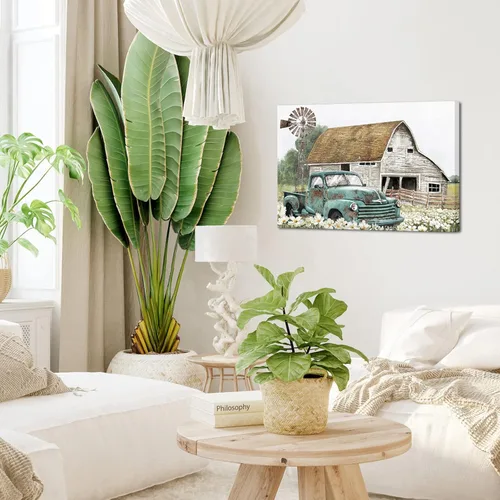Miniatura 3 de Apicoture Decoración de casa de campo, cuadros artísticos de pared, molino de viento de granero, verde azulado, lienzo para automóvil, arte rústico