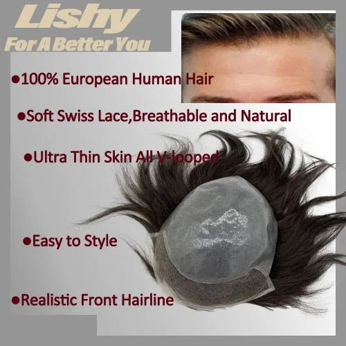 Miniatura 7 de Peluca de cabello humano europeo de repuesto para hombre, encaje suizo frontal, 0.003 in, piel fina, poliuretano, con bucle, 10 x 8 pulgadas