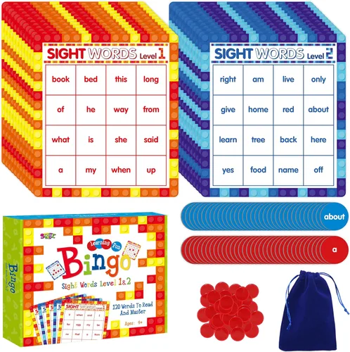 SpriteGru Juego de bingo de palabras a la vista, 120 palabras de vista para aprender a leer nivel 1 y nivel 2 Juego de mesa de bingo Listas de