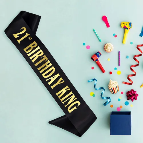 Miniatura 4 de Banda de cumpleaños King, banda de satén negro de satén dorado para hombres, regalos de día B, Negro y dorado