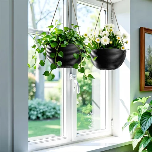 Miniatura 3 de Asnext Maceta colgante de 10 pulgadas con patrón de línea para plantas de interior y exterior, paquete de 2 macetas colgantes redondas para plantas