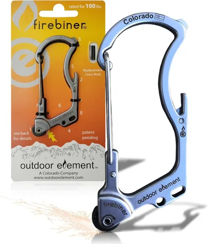 Miniatura 11 de OUTDOOR ELEMENT Firebiner Custom Engraved 6-in-1 Fire Starter Carabiner Multitool – Survival Gear EDC Keychain with Utility Blade, Bottle Opener