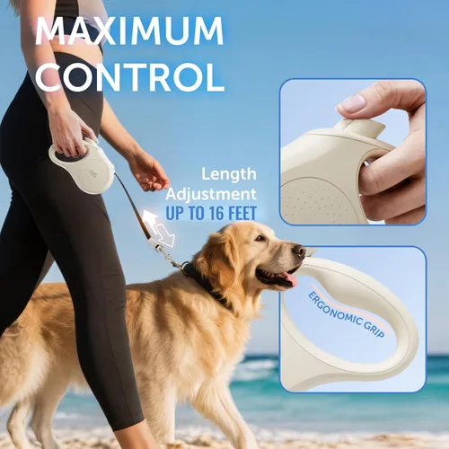 Miniatura 3 de TUG Quest - Correa retráctil para perro, retracción sin enredos de 360°, cinta de nailon fuerte de 16 pies (mediano, crema)