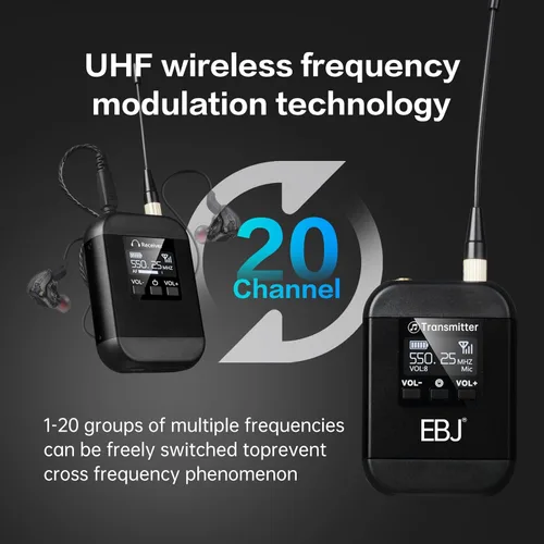 Miniatura 7 de EBJ Sistema de monitor inalámbrico en el oído, monitoreo intrauditivo UHF con transmisor receptor clip, 20 canales ajustables uno a muchos