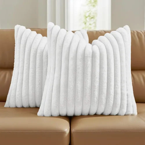 Miniatura 50 de FUTEI - Juego de 2 fundas de almohada decorativas con rayas, cuadradas, para invierno, piel sintética de conejo suave y acogedora y respaldo