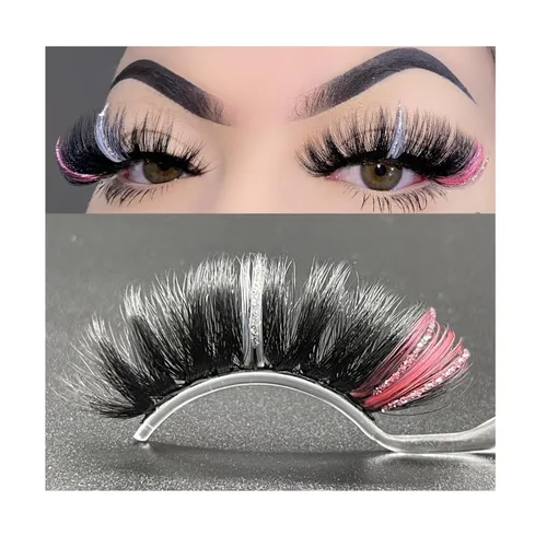 Miniatura 9 de Pestañas postizas negras y rosas con purpurina de color, 1 par de pestañas para mujer, pestañas postizas con reflejos en el extremo, tira