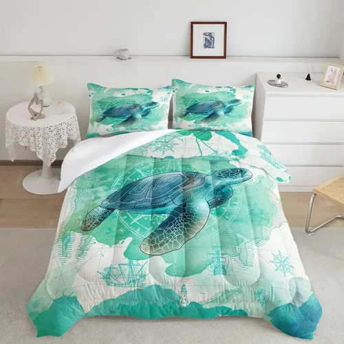 Miniatura 13 de CVHOUSE - Juego de edredón de tortuga marina, juego de cama de tortuga marina oceánica para niños y adolescentes, juego de edredón de tortuga marina