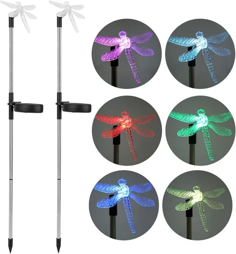 Miniatura 8 de Paquete de 2 luces solares de jardín al aire libre, impermeable, luz LED que cambia de color, libélula solar para paisaje, luz de estaca