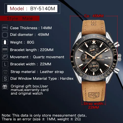 Miniatura 6 de BY BENYAR Reloj de pulsera para hombre Tienda analógico relojes para hombre negocios trabajo impermeable cronógrafo para hombre moda minimalista