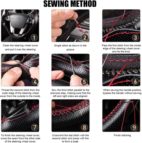 Miniatura 6 de Funda de Volante de Cuero Genuino, Envoltura con Costura para Volante de hasta Diámetro 15 Pulgadas, Protector de Volante de Costura DIY, Accesorios