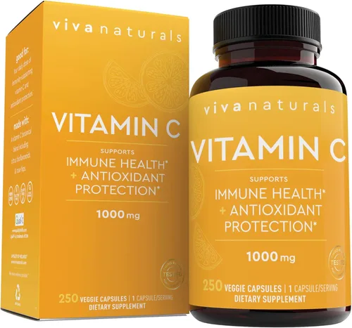 Vitamina C Viva Naturals Premium Non-GMO con Bioflavonoides y escaramujos, 0.03527 oz, 250 cápsulas vegetales.