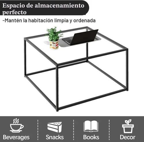 Miniatura 4 de Mesa de Café de Vidrio Negro para Sala de Estar, Mesas de Café Cuadradas para Espacios Pequeños, Mesas Centro Modernas de Té y Cóctel Simples, Mesas