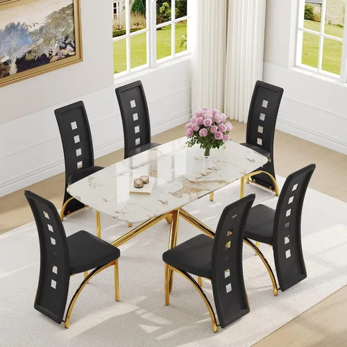 Miniatura 42 de Juego de mesa de comedor moderna para mesa de comedor negra de 4,63 pulgadas, juego de 4 con patas de metal dorado, mesa de cocina rectangular