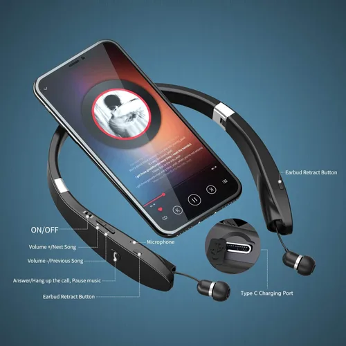 Miniatura 2 de Amorno Auriculares plegables Bluetooth con banda para el cuello inalámbrica con auriculares retráctiles, auriculares deportivos a prueba de sudor