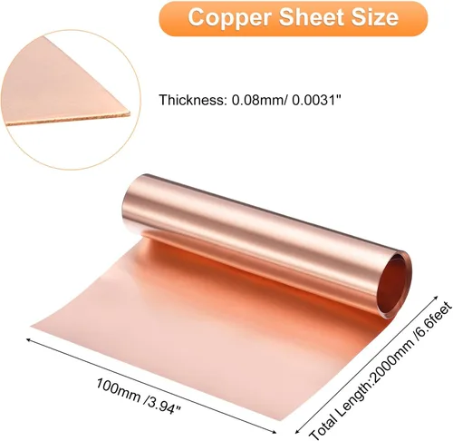 Miniatura 68 de uxcell Rollo de lámina de cobre de 78.740 in x 0.394 in x 0.001 in, 99.9% de tira de cobre puro de cobre intermitente placa de lámina de metal