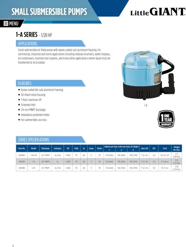 Miniatura 10 de Little Giant 1-AA-18 115 voltios, 1/200 HP, 170 GPH pequeña bomba sumergible permanentemente engrasada para fuentes, pantallas de agua y aire