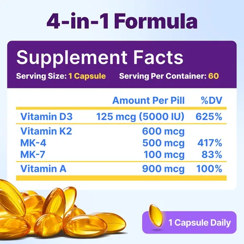 Miniatura 3 de InnovixLabs Vitamina D3 K2-5000 IU Vitamina D3 Plus 600 mcg Vitamina K2 MK4 y MK7 para la máxima absorción de calcio, apoya la salud ósea, inmune