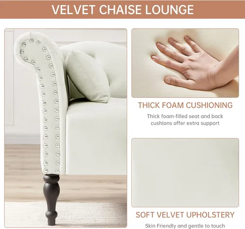 Miniatura 4 de Chaise Lounge - Silla de terciopelo para interiores con almohada, con botones copetudos, brazo derecho, con ribete de cabeza de clavos y patas Blanco