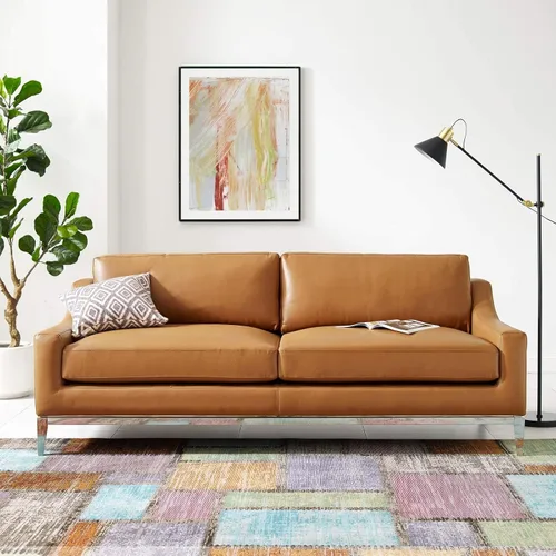 Miniatura 10 de Modway Arnés de sofá de cuero de 83.5" en gris con base de acero inoxidable