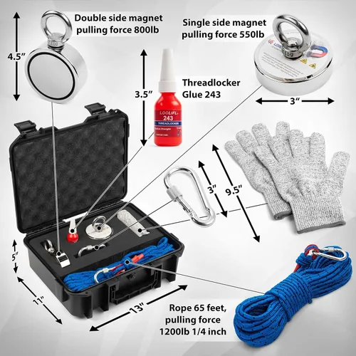 Miniatura 5 de LORESO - Kit de pesca con imán con estuche, kit completo de pesca con imán de doble cara 880 libras, una cara 550 libras, cuerda + mosquetón