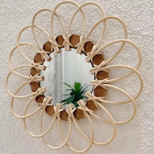 Miniatura 8 de OYPEIP Decoración de cristal colgante de ratán natural pequeño de 12 pulgadas, diseño rústico hecho a mano, innovador espejo de maquillaje redondo