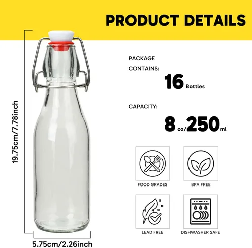 Miniatura 2 de Paquete de 16 botellas de vidrio de 8 onzas con tapas herméticas, tapas abatibles estilo Grolsch y sellos de goma para cerveza casera, kombucha