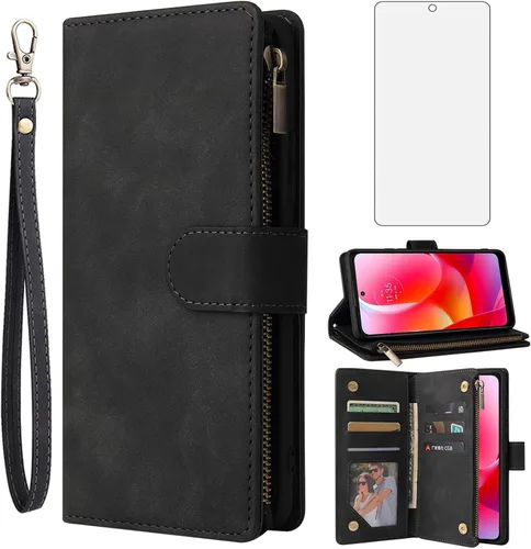 Asuwish Compatible con Motorola Moto G Power 2022 5G/MotoG Pure 2021 Funda tipo cartera de vidrio templado, protector de pantalla con tapa abatible,