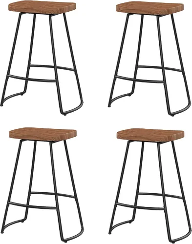 Miniatura 8 de Juego de 4 taburetes de bar industriales de metal negro con parte superior de madera, 24 pulgadas