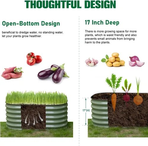 Miniatura 2 de MFSTUDIO Kit de cama de jardín elevada galvanizada para exteriores, macetas elevadas ovaladas de 17 pulgadas de alto, maceta de metal para verduras