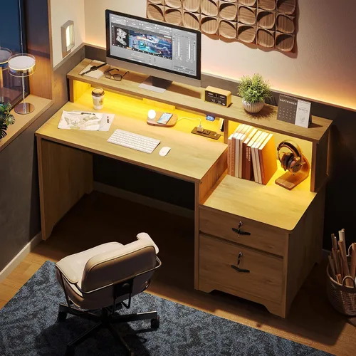 Miniatura 8 de Bestier Escritorio para computadora de 55 pulgadas con tomas de corriente y luces LED, escritorio de oficina en casa con cajón de archivos