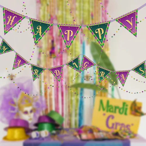 Miniatura 2 de Cheerland Cartel de Feliz Mardi Gras, decoraciones de Mardi Gras, bandera de guirnalda de martes gordos verde, morado, cuentas doradas, banderines