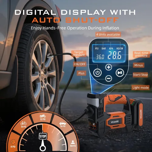 Miniatura 4 de Inflador de Neumáticos Compresor de Aire Portátil, Batería Recargable de 20 V y 150 PSI Bomba de Aire Manual Portátil, inflador de neumáticos
